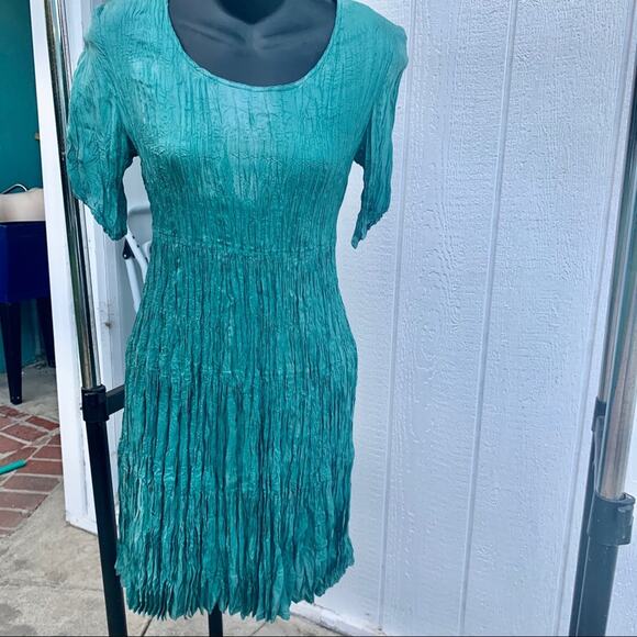 NWOT VINTAGE 90s NINETIES 100% SILK TURQUOISE CRINKLE DRESS 3 - Picture 1 of 5